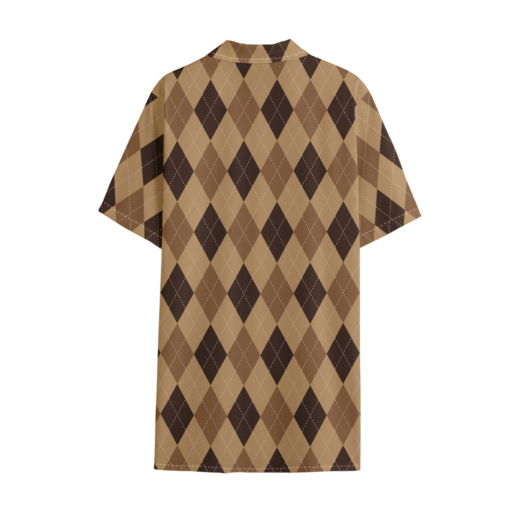 Brown Argyle Pattern Print Cotton Hawaiian Shirt