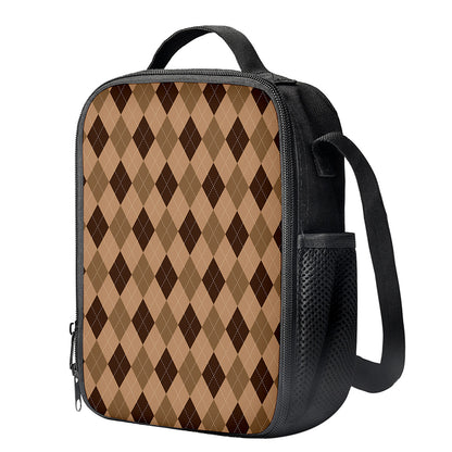 Brown Argyle Pattern Print Crossbody Lunch Bag