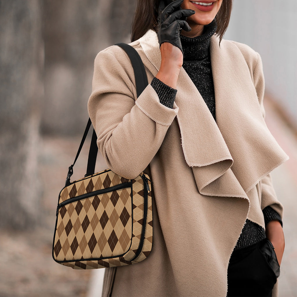 Brown Argyle Pattern Print Double Strap Bible Bag