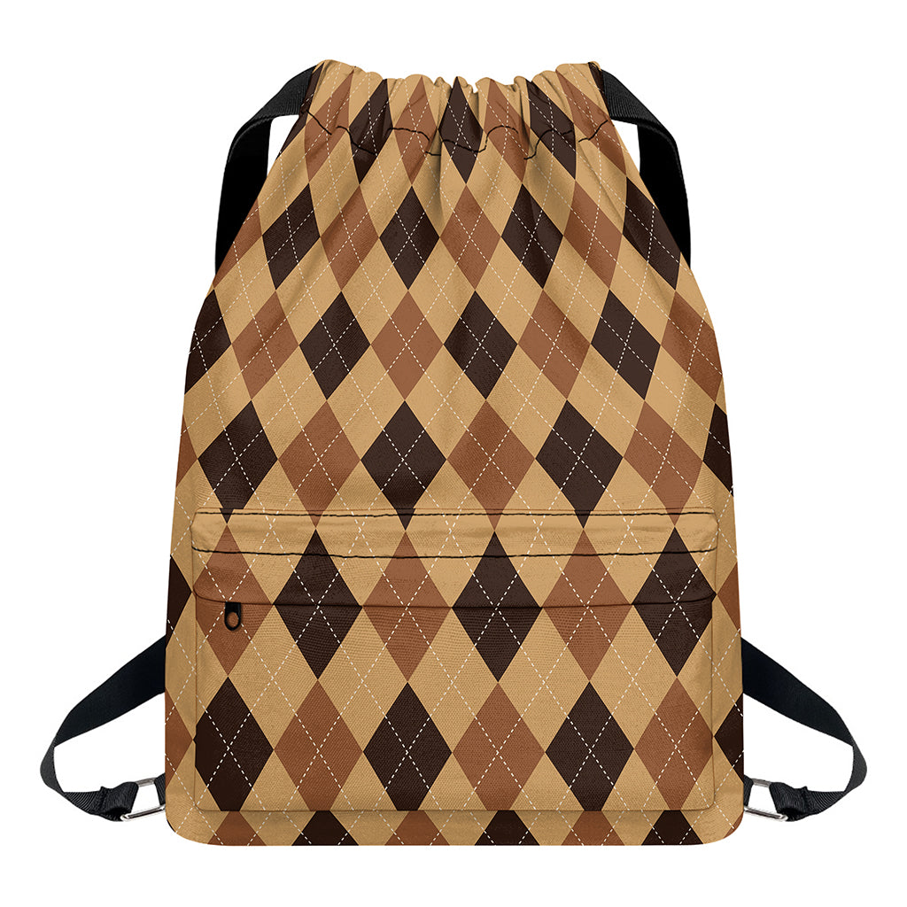 Brown Argyle Pattern Print Drawstring Backpack