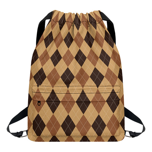 Brown Argyle Pattern Print Drawstring Backpack