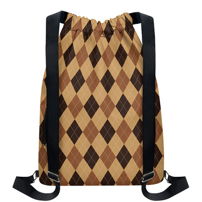 Brown Argyle Pattern Print Drawstring Backpack
