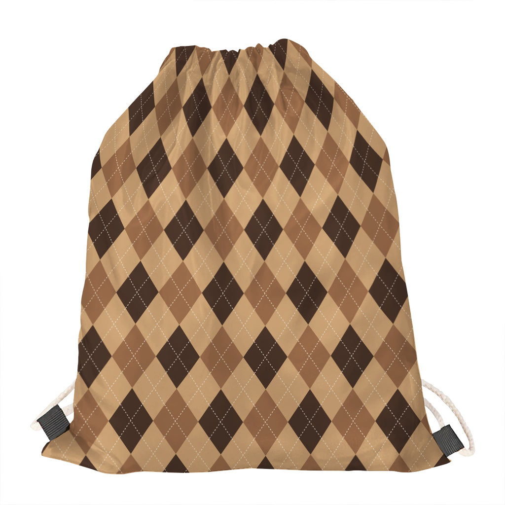 Brown Argyle Pattern Print Drawstring Bag