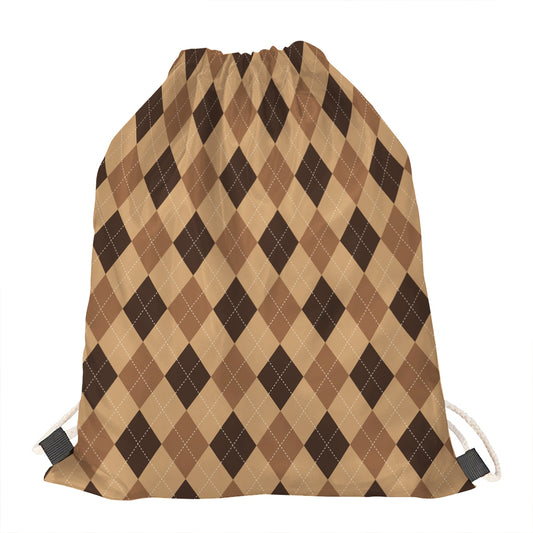 Brown Argyle Pattern Print Drawstring Bag