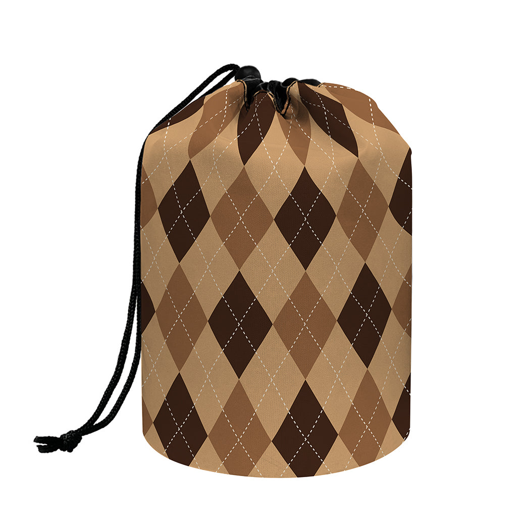 Brown Argyle Pattern Print Drawstring Makeup Bag