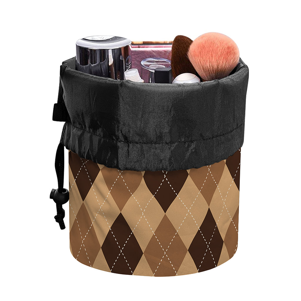 Brown Argyle Pattern Print Drawstring Makeup Bag