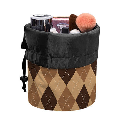 Brown Argyle Pattern Print Drawstring Makeup Bag