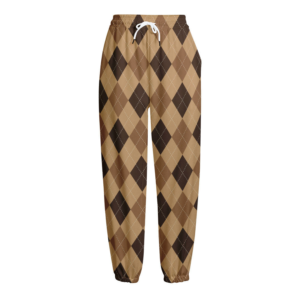 Brown Argyle Pattern Print Fleece Lined Knit Pants