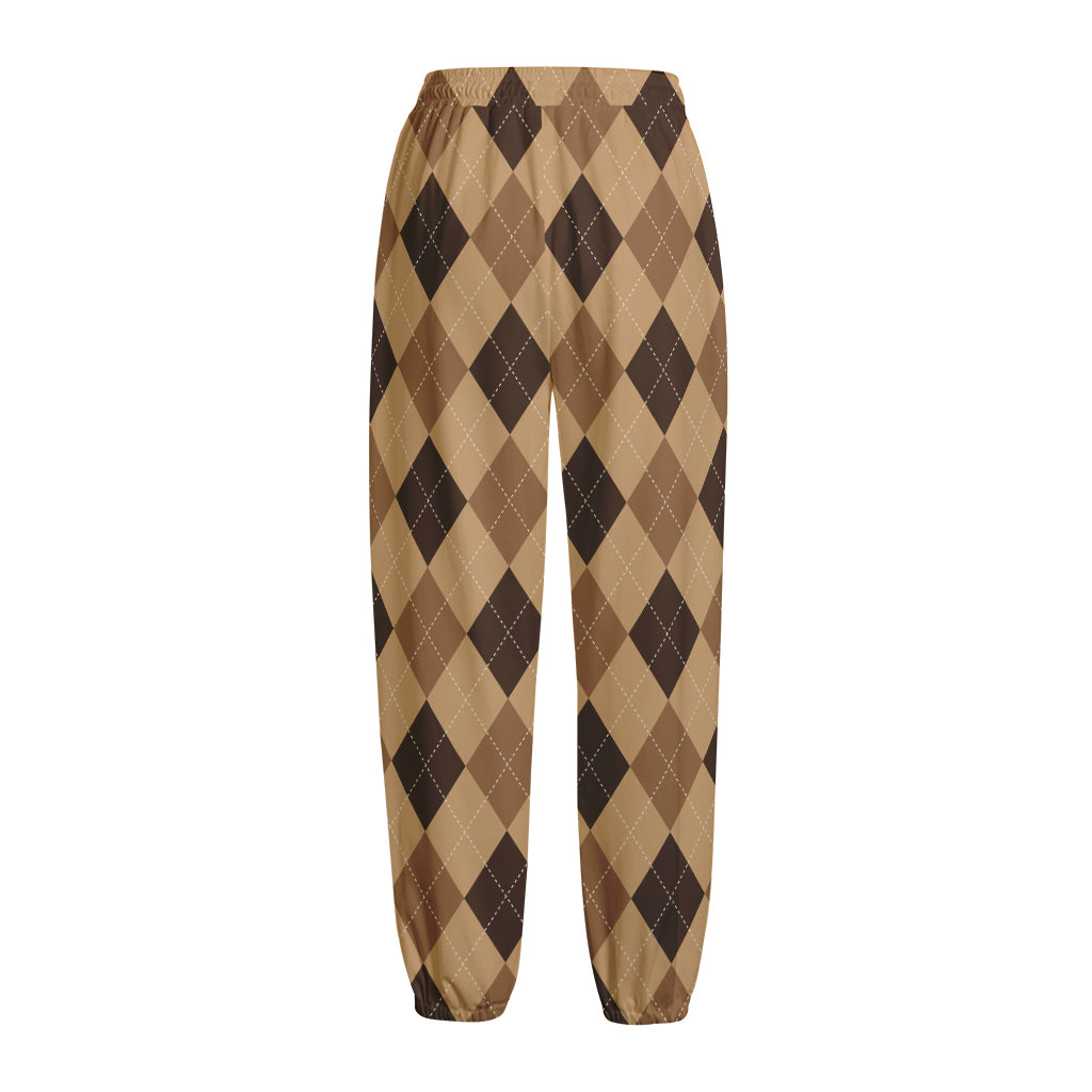 Brown Argyle Pattern Print Fleece Lined Knit Pants