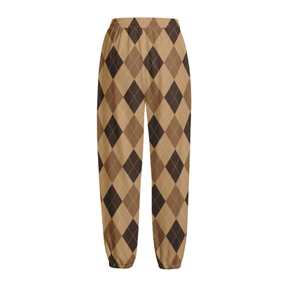 Brown Argyle Pattern Print Fleece Lined Knit Pants