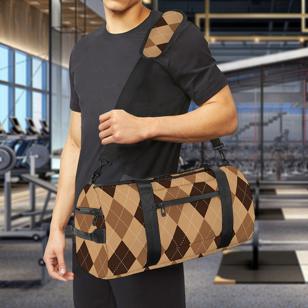 Brown Argyle Pattern Print Gym Bag