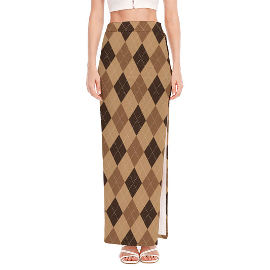 Brown Argyle Pattern Print High Slit Maxi Skirt
