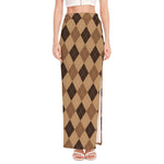 Brown Argyle Pattern Print High Slit Maxi Skirt