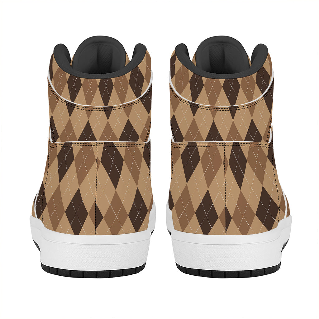 Brown Argyle Pattern Print High Top Leather Sneakers