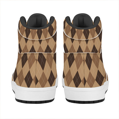 Brown Argyle Pattern Print High Top Leather Sneakers
