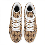Brown Argyle Pattern Print High Top Leather Sneakers