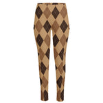 Brown Argyle Pattern Print High-Waisted Pocket Leggings