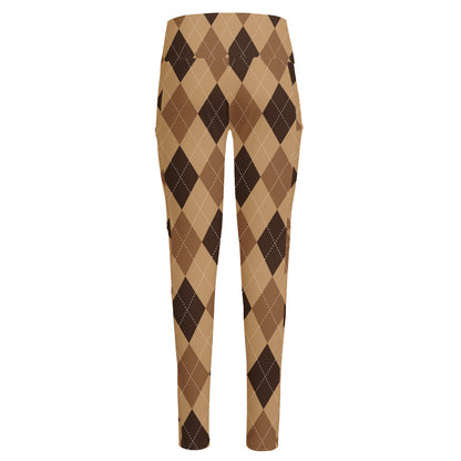 Brown Argyle Pattern Print High-Waisted Pocket Leggings