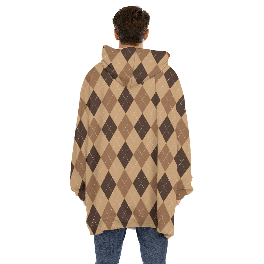 Brown Argyle Pattern Print Hoodie Blanket