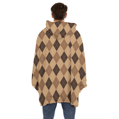 Brown Argyle Pattern Print Hoodie Blanket