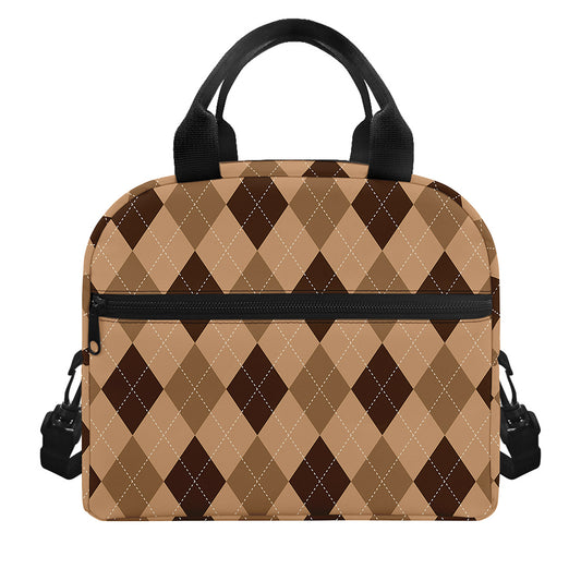 Brown Argyle Pattern Print Insulated Lunch Bag