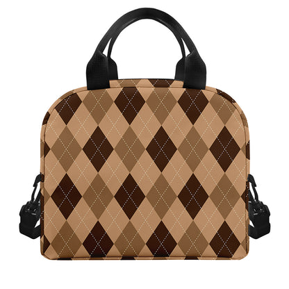 Brown Argyle Pattern Print Insulated Lunch Bag