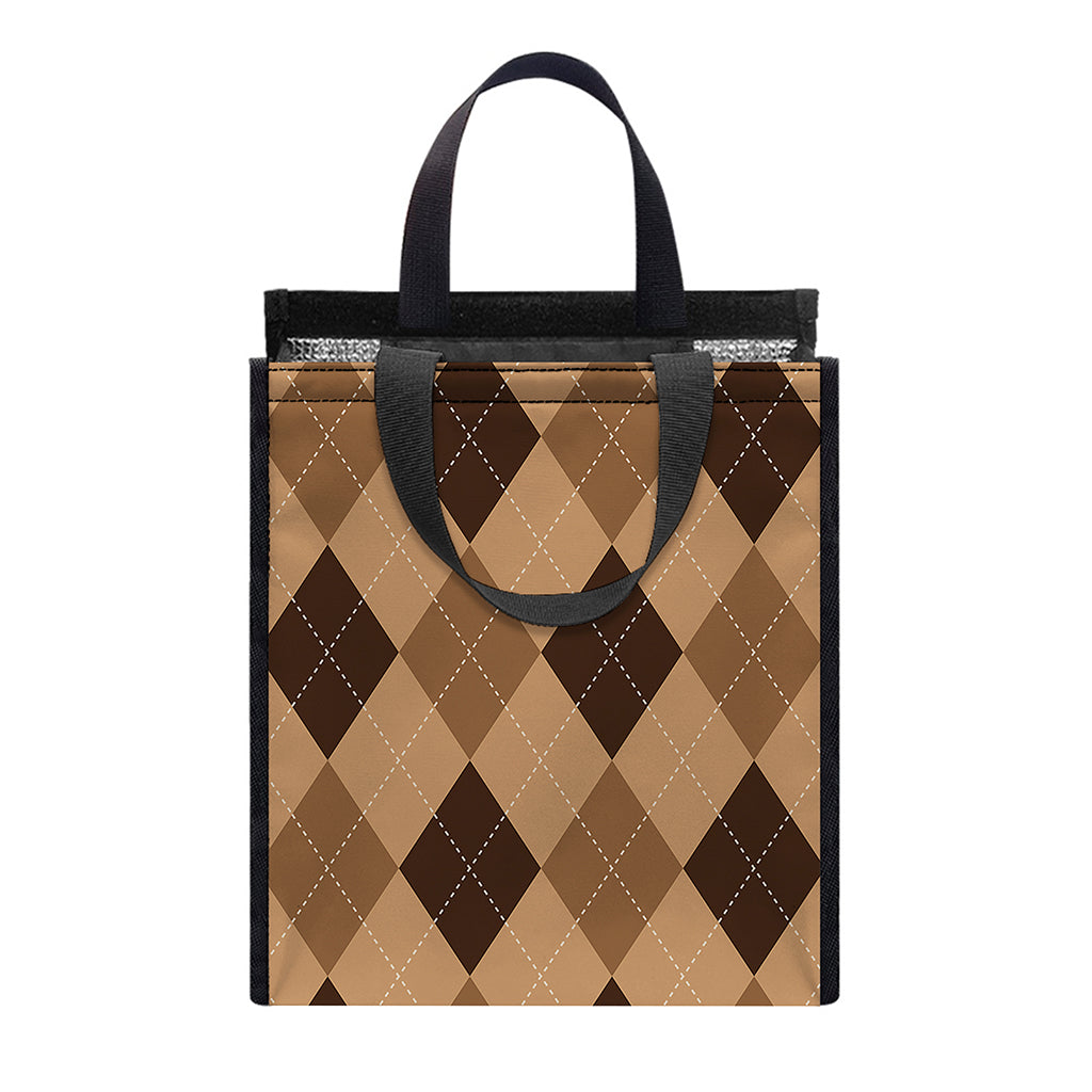 Brown Argyle Pattern Print Insulated Lunch Tote