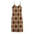 Brown Argyle Pattern Print Jersey Midi Cami Dress