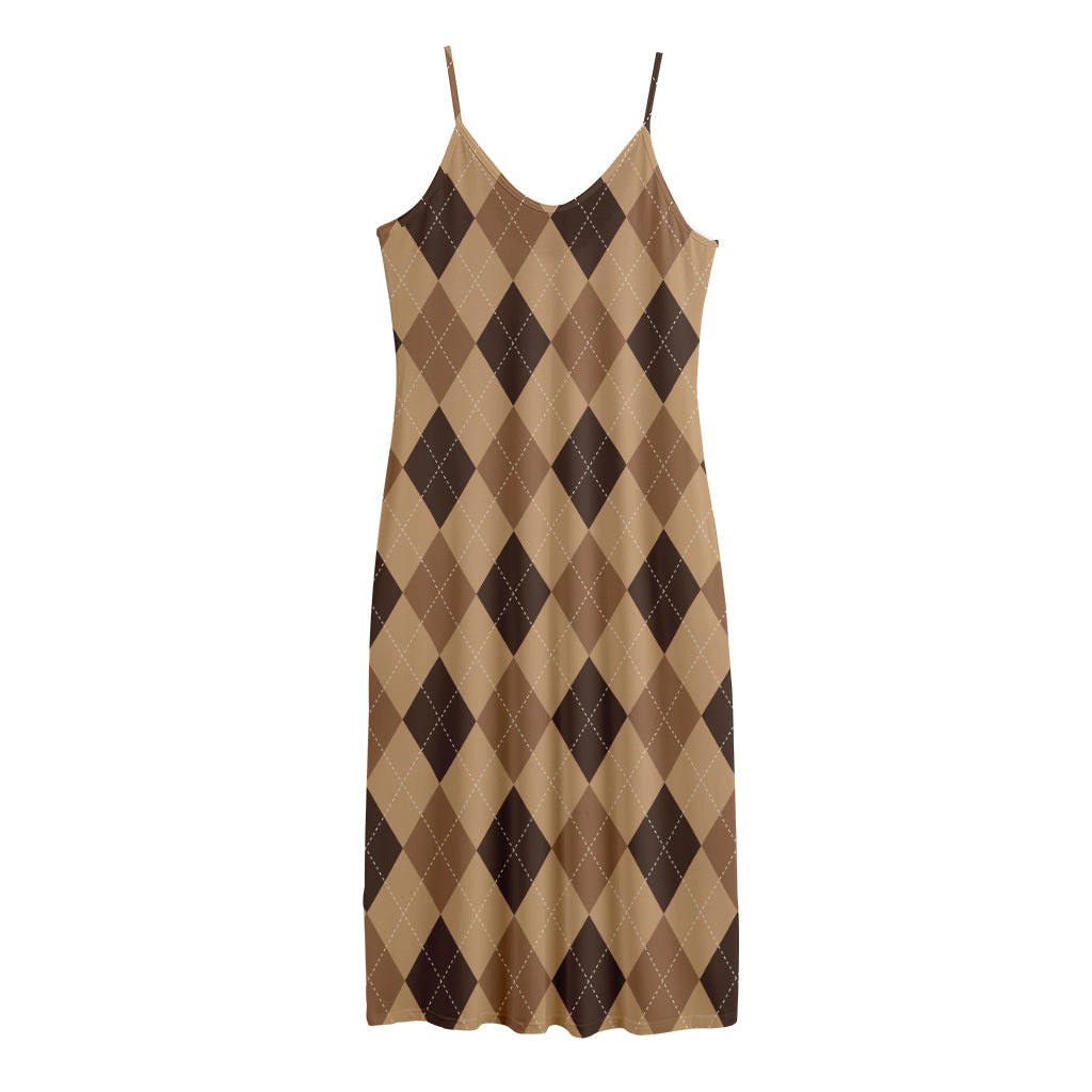 Brown Argyle Pattern Print Jersey Midi Cami Dress