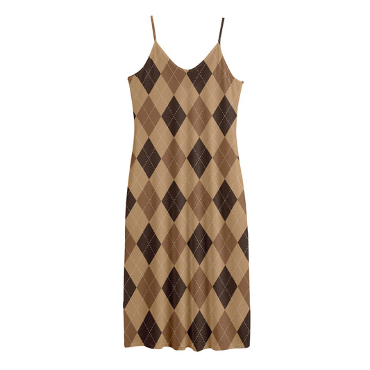 Brown Argyle Pattern Print Jersey Midi Cami Dress