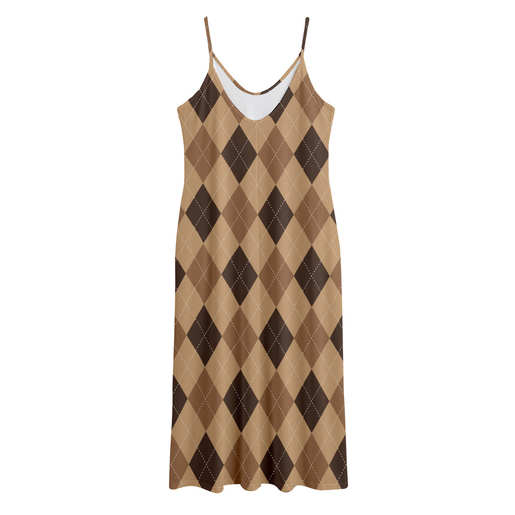 Brown Argyle Pattern Print Jersey Midi Cami Dress