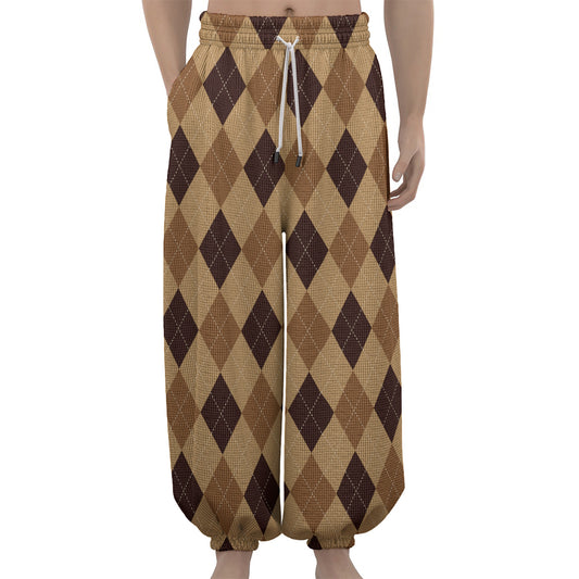 Brown Argyle Pattern Print Lantern Pants
