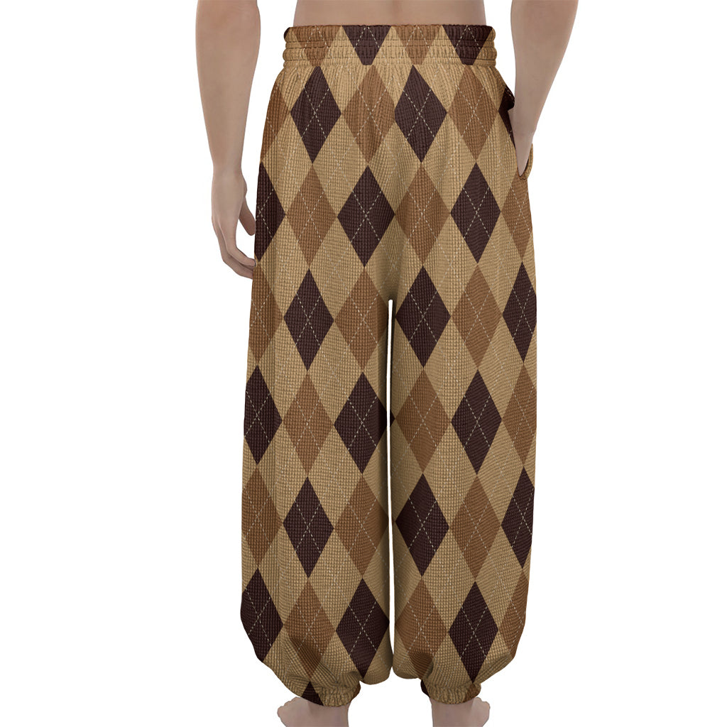 Brown Argyle Pattern Print Lantern Pants