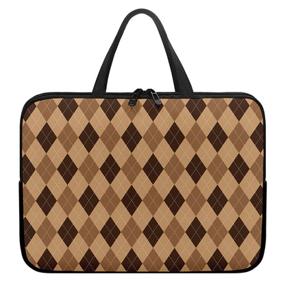 Brown Argyle Pattern Print Laptop Sleeve With Handle