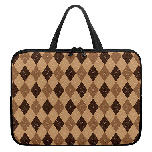 Brown Argyle Pattern Print Laptop Sleeve With Handle