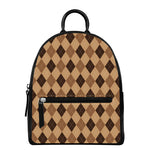 Brown Argyle Pattern Print Leather Backpack