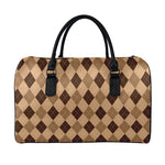 Brown Argyle Pattern Print Leather Duffle Bag