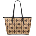 Brown Argyle Pattern Print Leather Tote Bag With Zipper