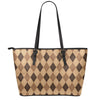 Brown Argyle Pattern Print Leather Tote Bag