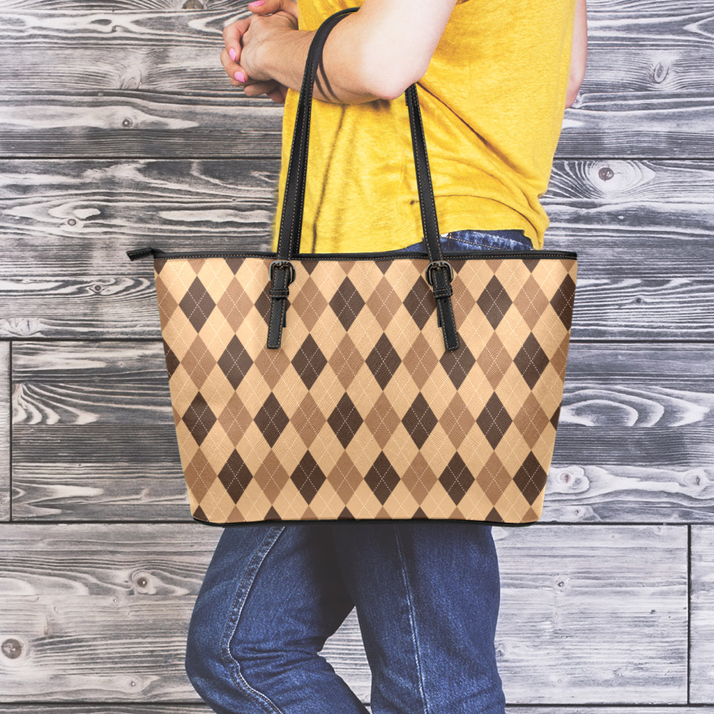 Brown Argyle Pattern Print Leather Tote Bag