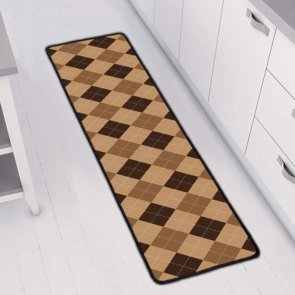 Brown Argyle Pattern Print Long Kitchen Mat