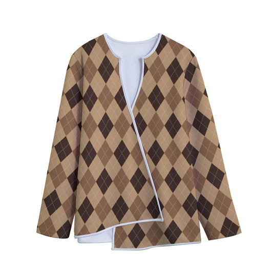 Brown Argyle Pattern Print Long Sleeve Short Coat