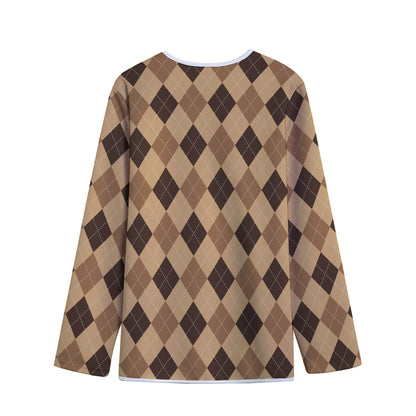 Brown Argyle Pattern Print Long Sleeve Short Coat