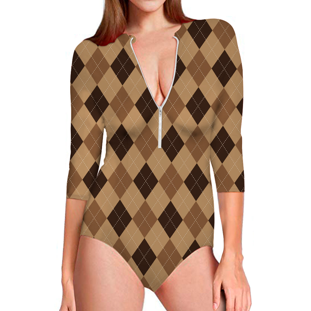 Brown Argyle Pattern Print Long Sleeve Swimsuit