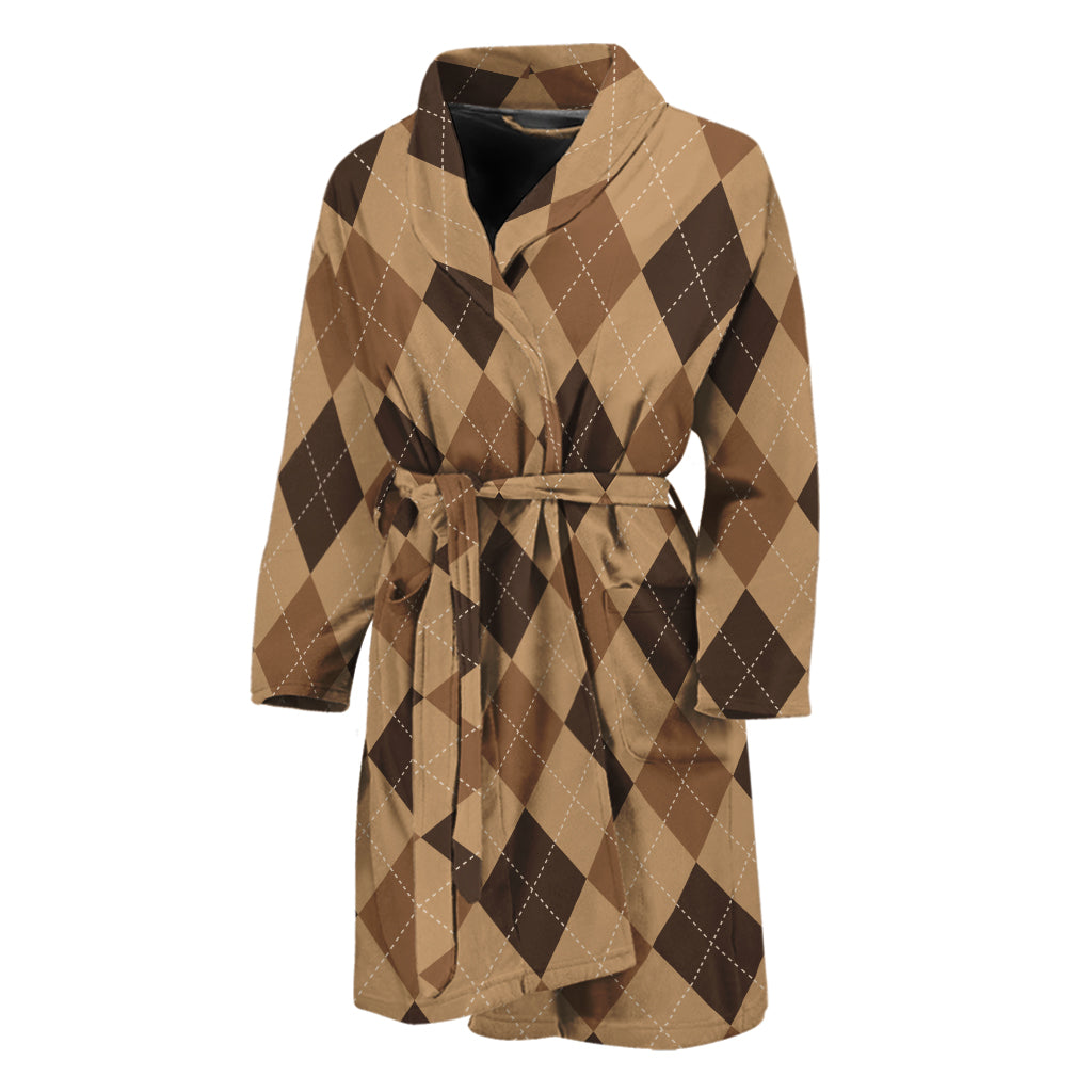 Brown Argyle Pattern Print Men's Bathrobe
