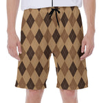 Brown Argyle Pattern Print Men's Beach Shorts