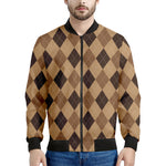 Brown Argyle Pattern Print Men's Bomber Jacket