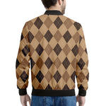 Brown Argyle Pattern Print Men's Bomber Jacket