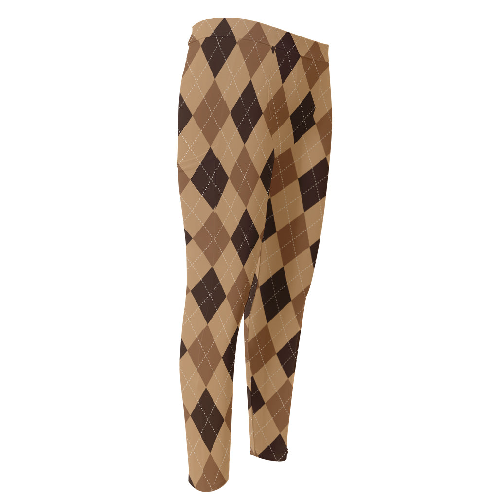 Brown Argyle Pattern Print Men's Compression Pants