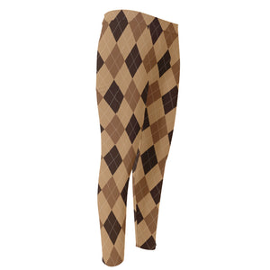 Brown Argyle Pattern Print Men's Compression Pants